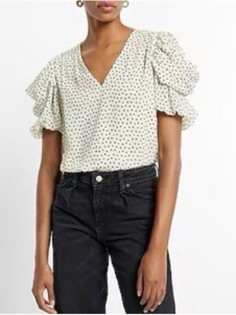 Express White V-Neck Ruffle Sleeve Polka Dot Blouse